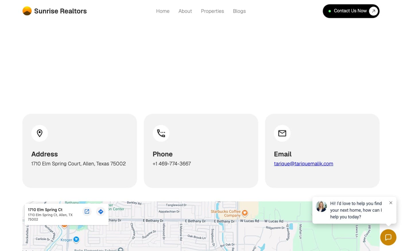 Contact page with address, phone, email and a map