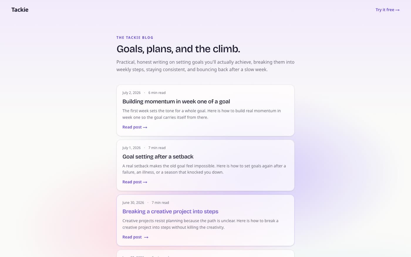 Tackie blog: Goals, plans, and the climb
