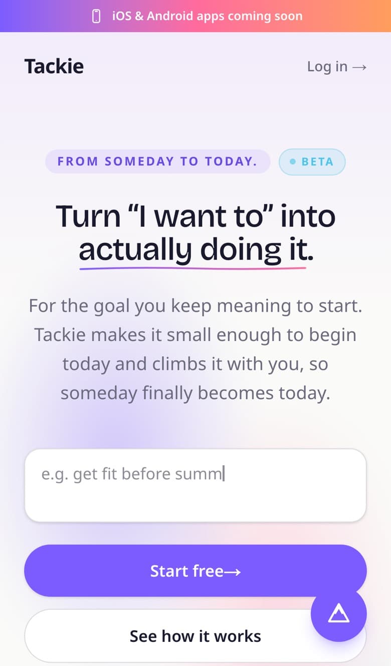 Tackie landing page on a phone