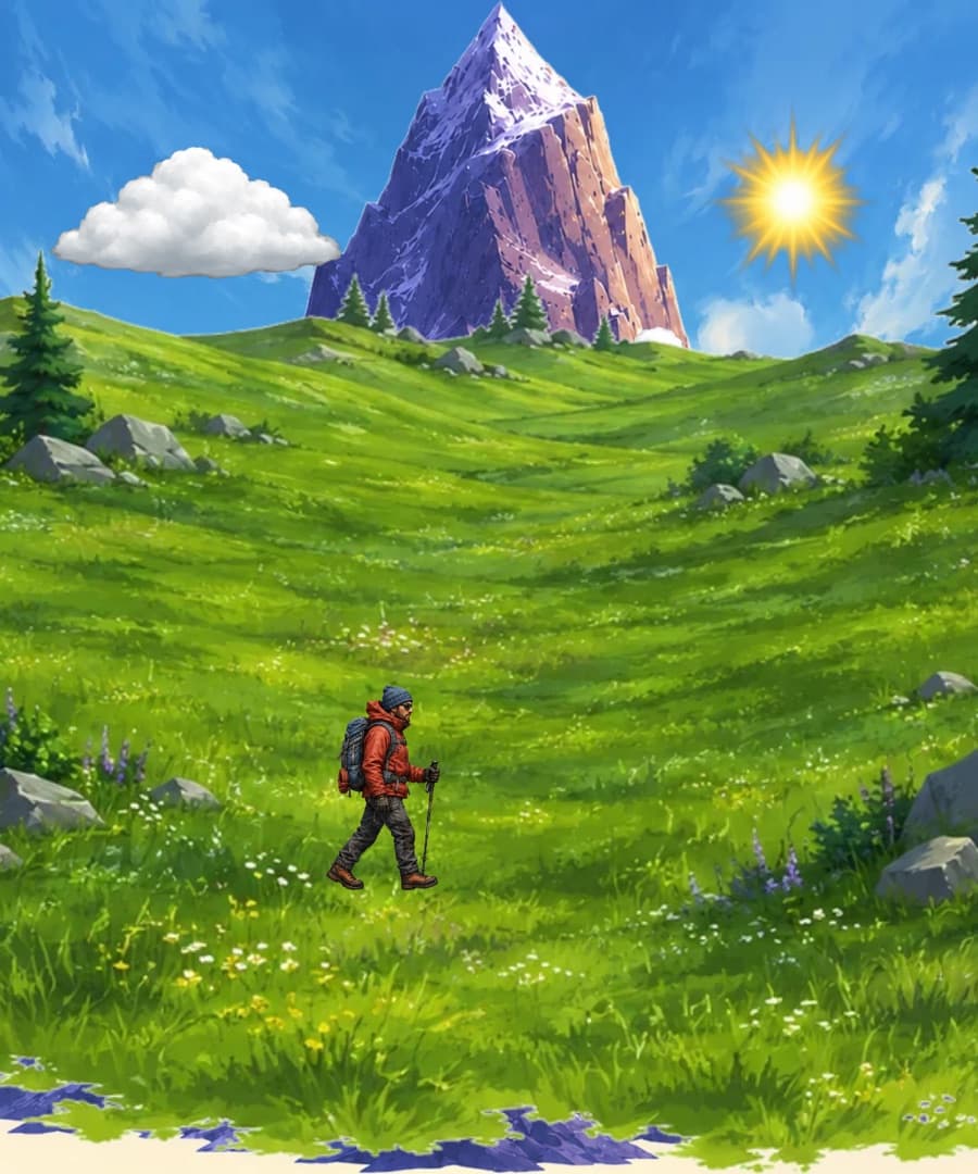 Climb scene in daylight with the climber on the trail
