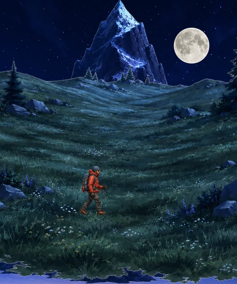 Climb scene at night under the moon