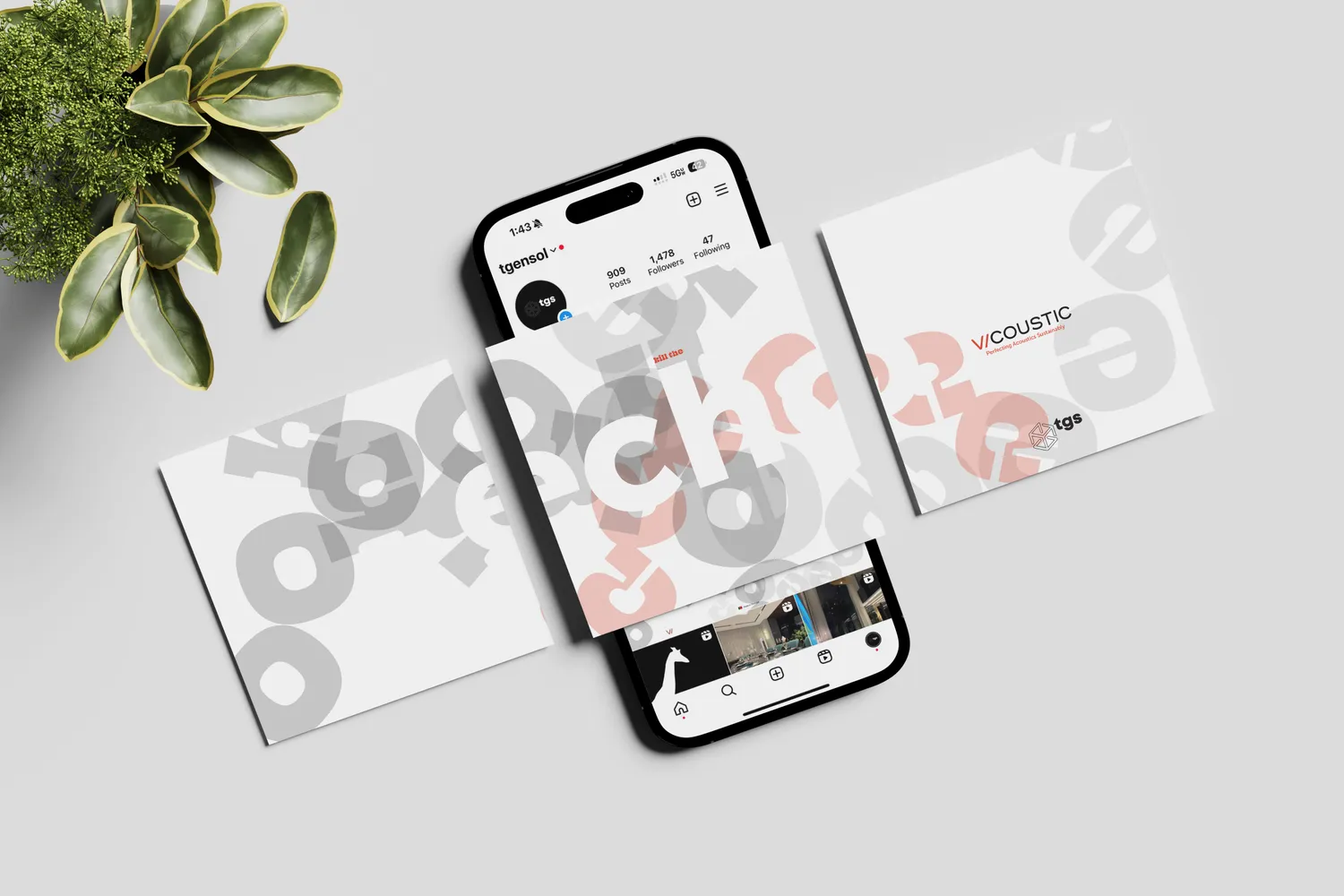 Phone, letterhead and cards laid out with an Acoustic branded layout