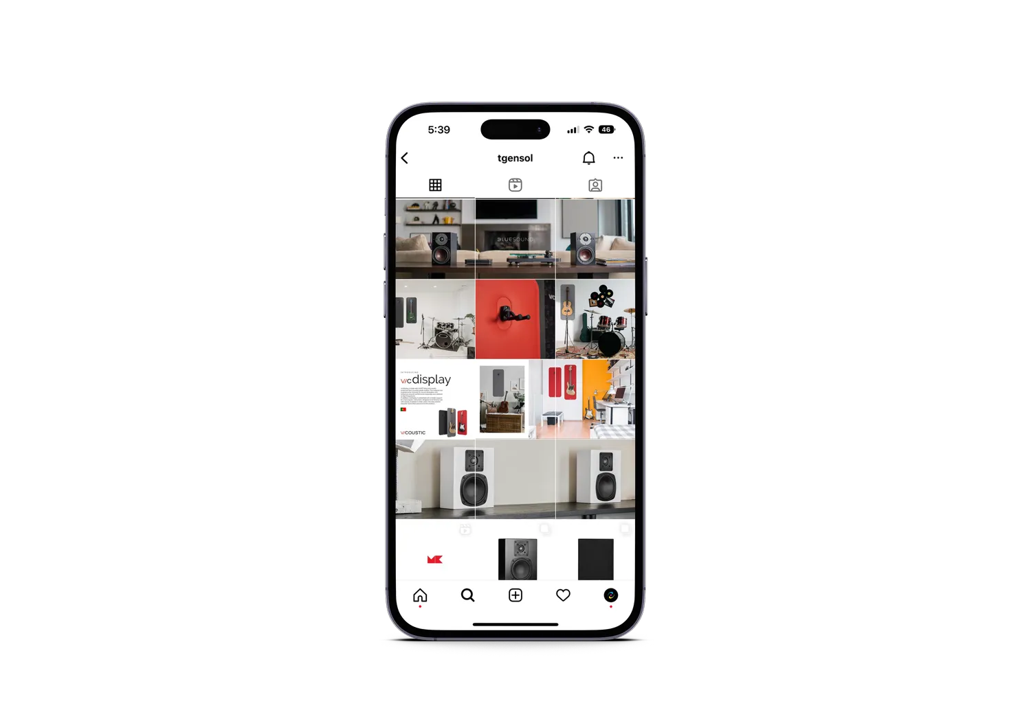 Instagram grid of product posts on a phone against black