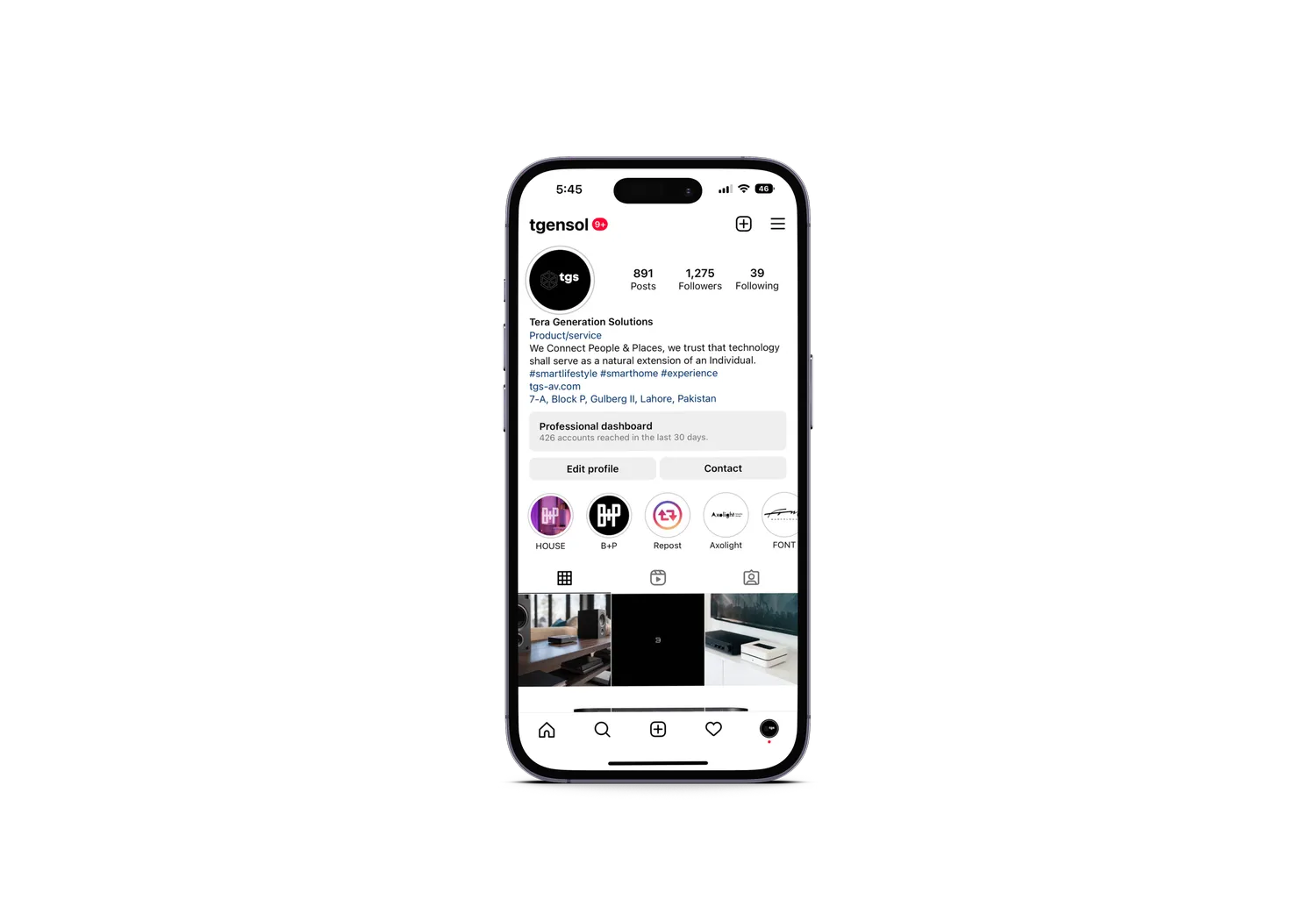 Instagram profile view showing the TGS account and its highlights