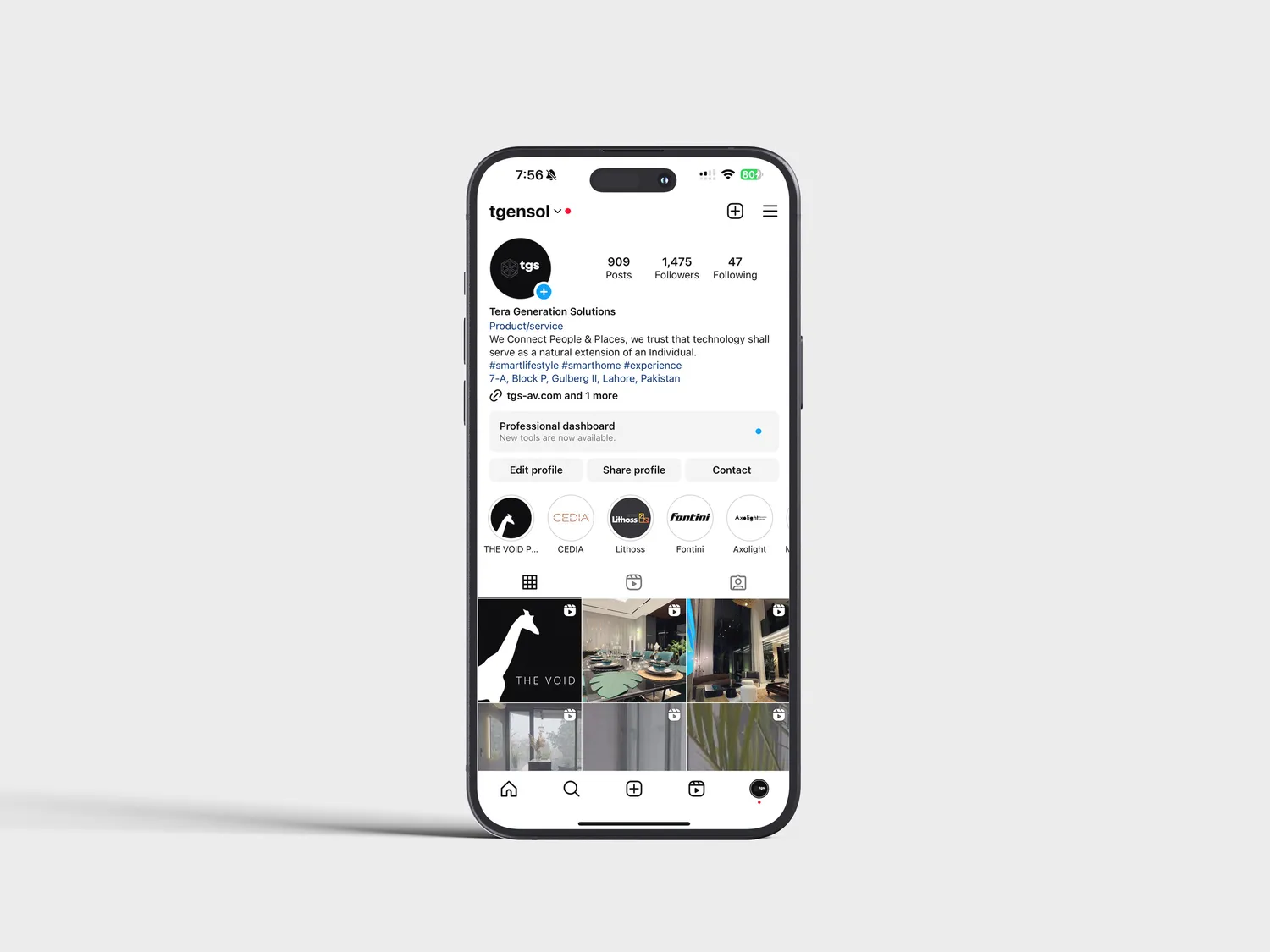 Instagram profile on a light background showing the account bio and grid