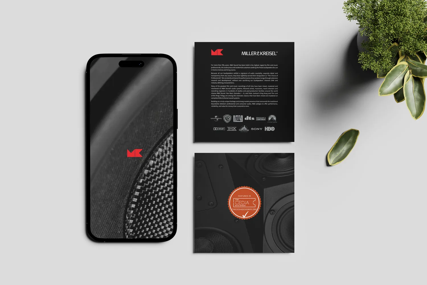 Dark M&K product collateral with speaker close-ups and certification badges