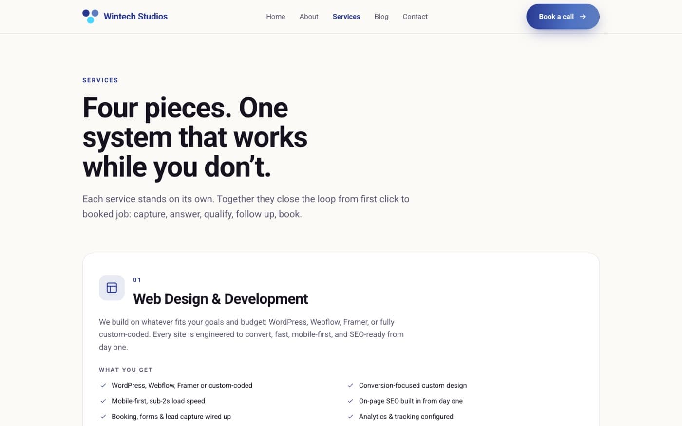 Services page: Four pieces. One system that works while you don't