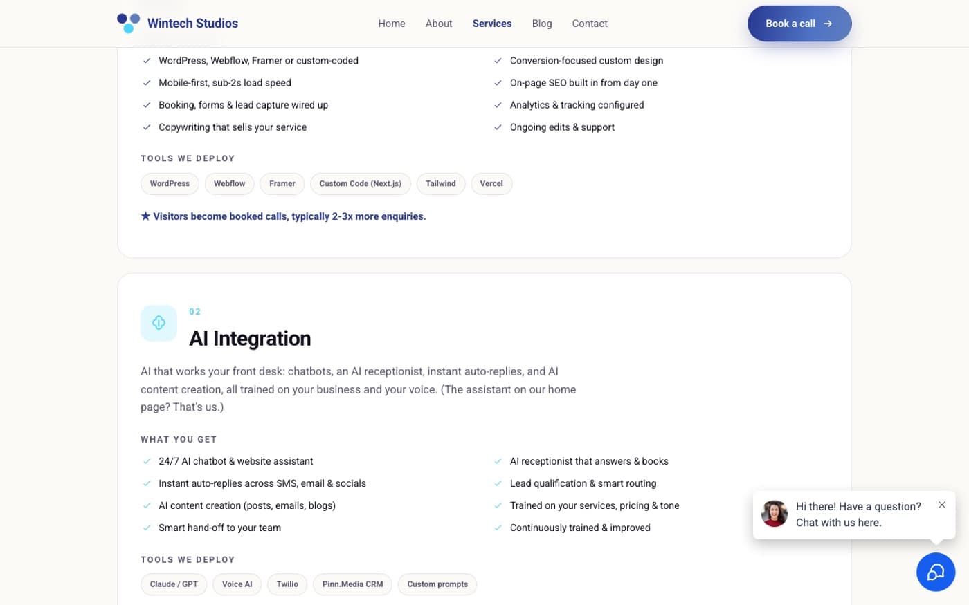 AI Integration service block with deliverables and tools