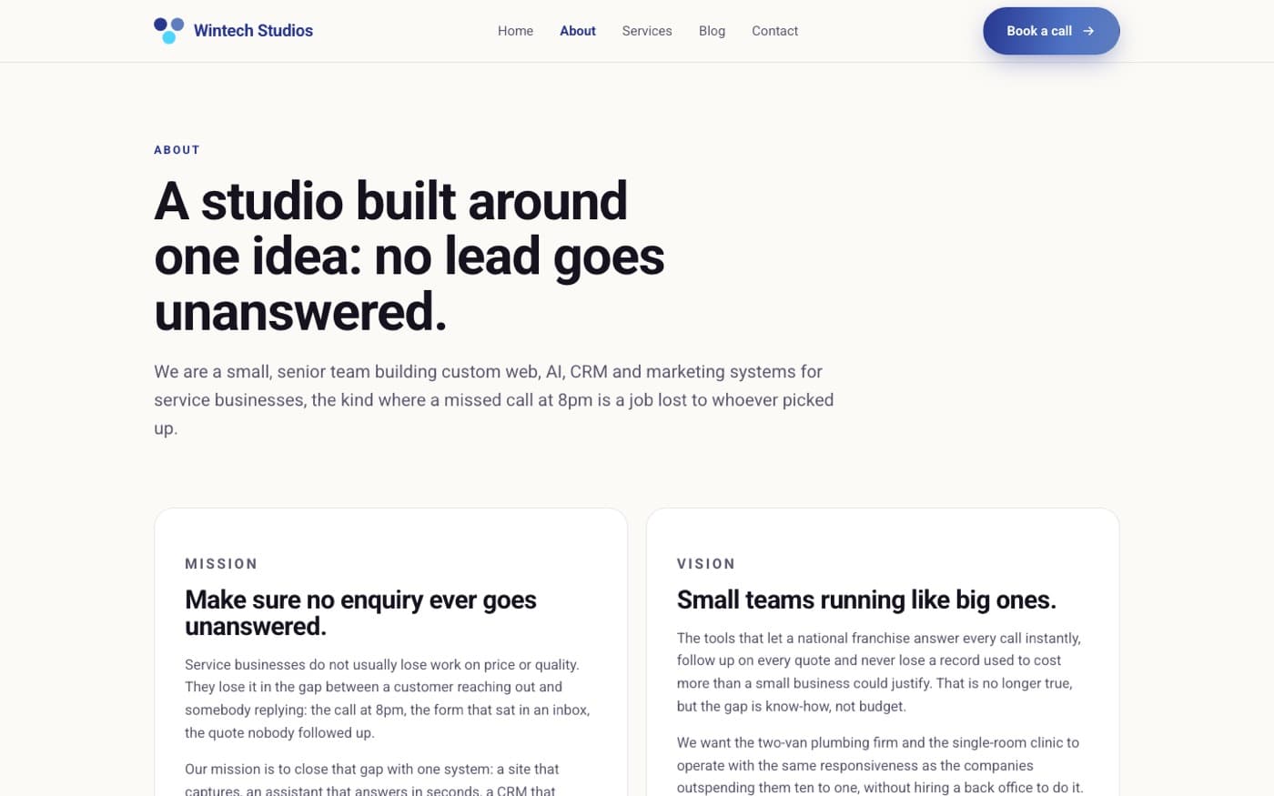 About page: A studio built around one idea, no lead goes unanswered